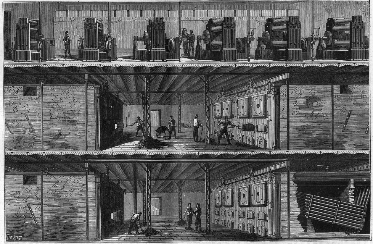 Installation af kedler og dampdynamoer på Central Electricite Distribution Station (Edison System) i New York i 1884. af Unknown artist