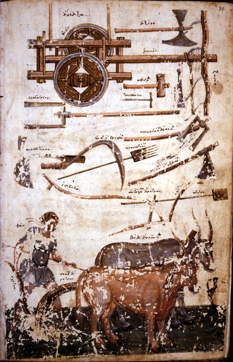 Instrumenter til at bearbejde marken og en mand, der pløjer - i "" Scutum Herculis (The Shield of Heracles"" af Hesiode af Unknown artist