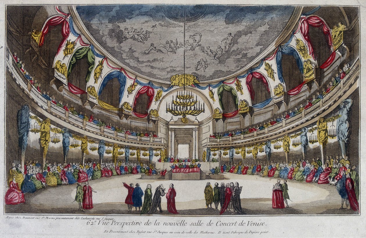Interiør af en koncertsal i Venedig. 1700-tals stik. af Unknown artist