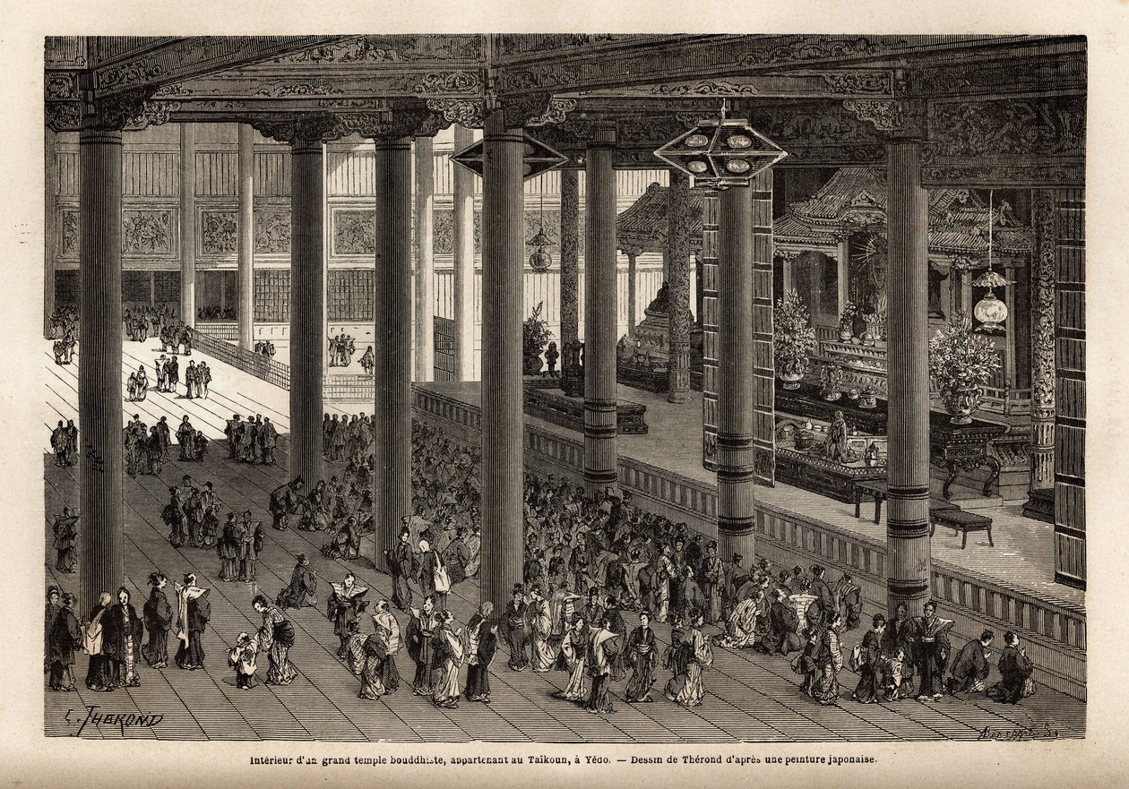 Indvendigt billede af et stort buddhistisk tempel, der tilhører Taikoun (temporal hersker over Japan) i Yedo (eller Edo, kejserlig hovedstad, det nuværende Tokyo). Indgravering til illustration af rejsen til Japan i 1863-1864 af Aime Humbert, minister for  af Unknown artist
