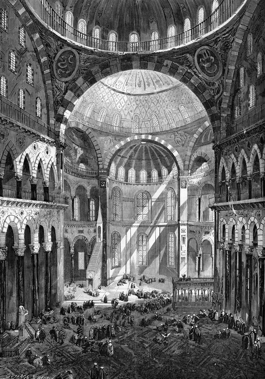 Indvendigt billede af moskeen Saint Sophia (Hagia Sophia) (byzantinsk kunst fra det 6. århundrede) i Konstantinopel i 1858. af Unknown artist