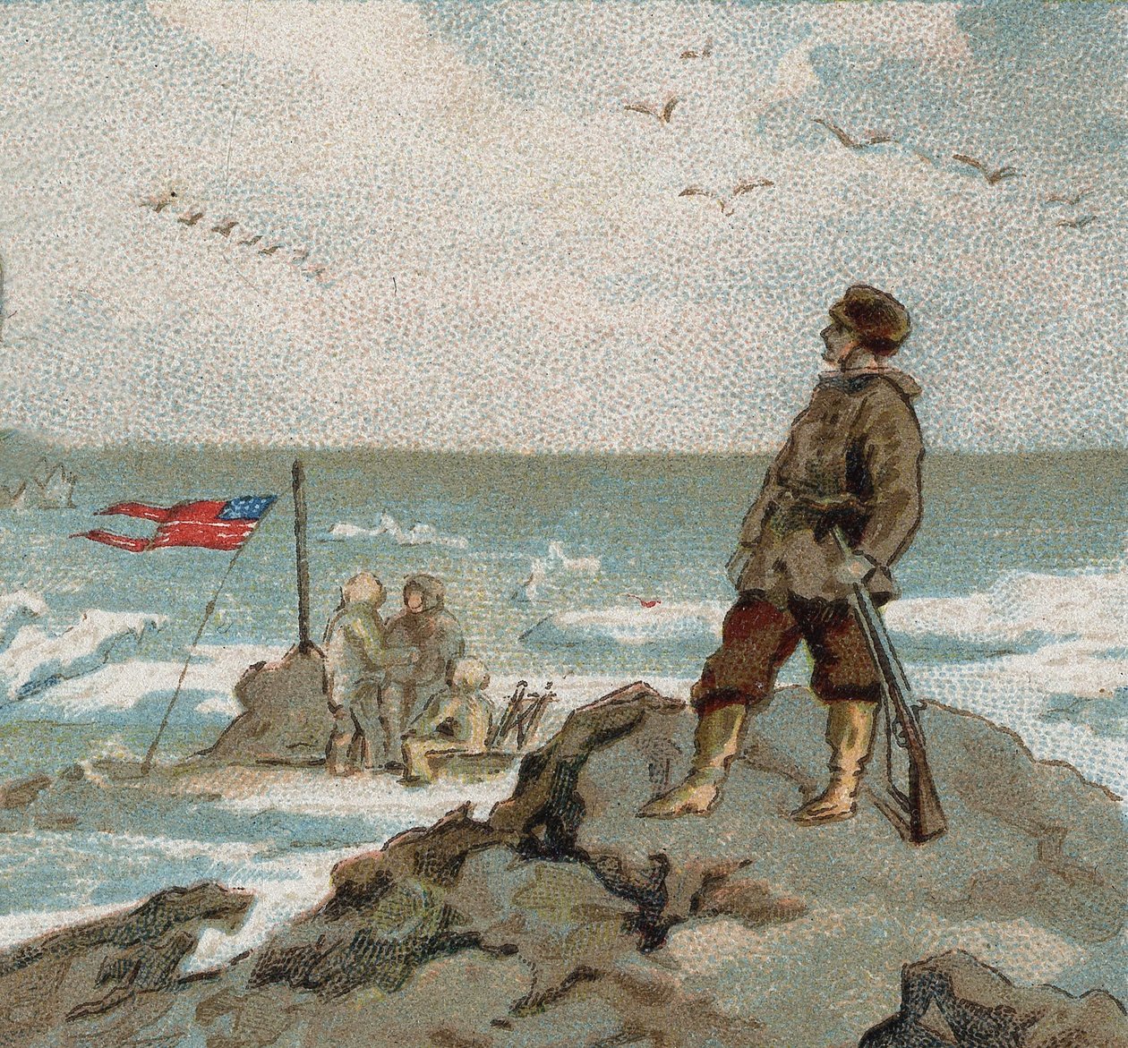 Isaac Israel Hayes (1832-1881) med det amerikanske flag på polarhavets kyster. Chromo fra slutningen af det 19. århundrede. af Unknown artist