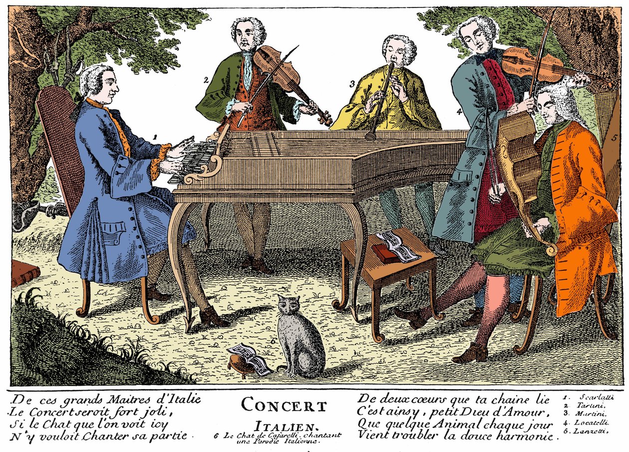 Italiensk koncert (barokmusik) med 1. Scarlatti (cembalo) - 2. giuseppe Tartini (violin) - 3. Far (far) Martini (Giovanni battista) (fløjte) - 4. Locatelli (violin) - 5. Lanzetti (bratsch) - 6. Syngende kat. Stik af det 18. århundrede af Unknown artist