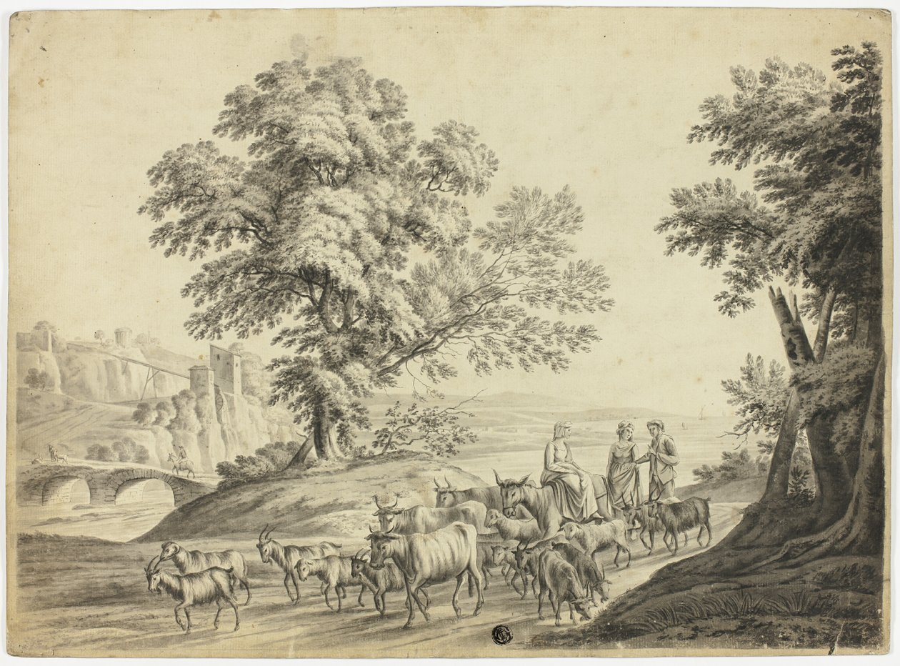 Italiensk landskab med mand og to kvinder, der vogter kvæg, geder og får af Unknown artist