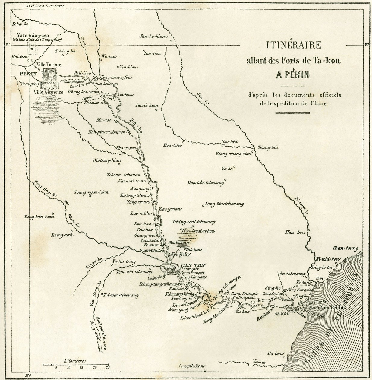 Rejseplan langs Hai He-floden nær Tien Tsin (Tien-Tsin, Tianjin) til Pekin (Beijing), Kina. Kort, i "" Le Tour du Monde, New Journal of Travels "", redigeret af Edouard Charton, Paris af Unknown artist