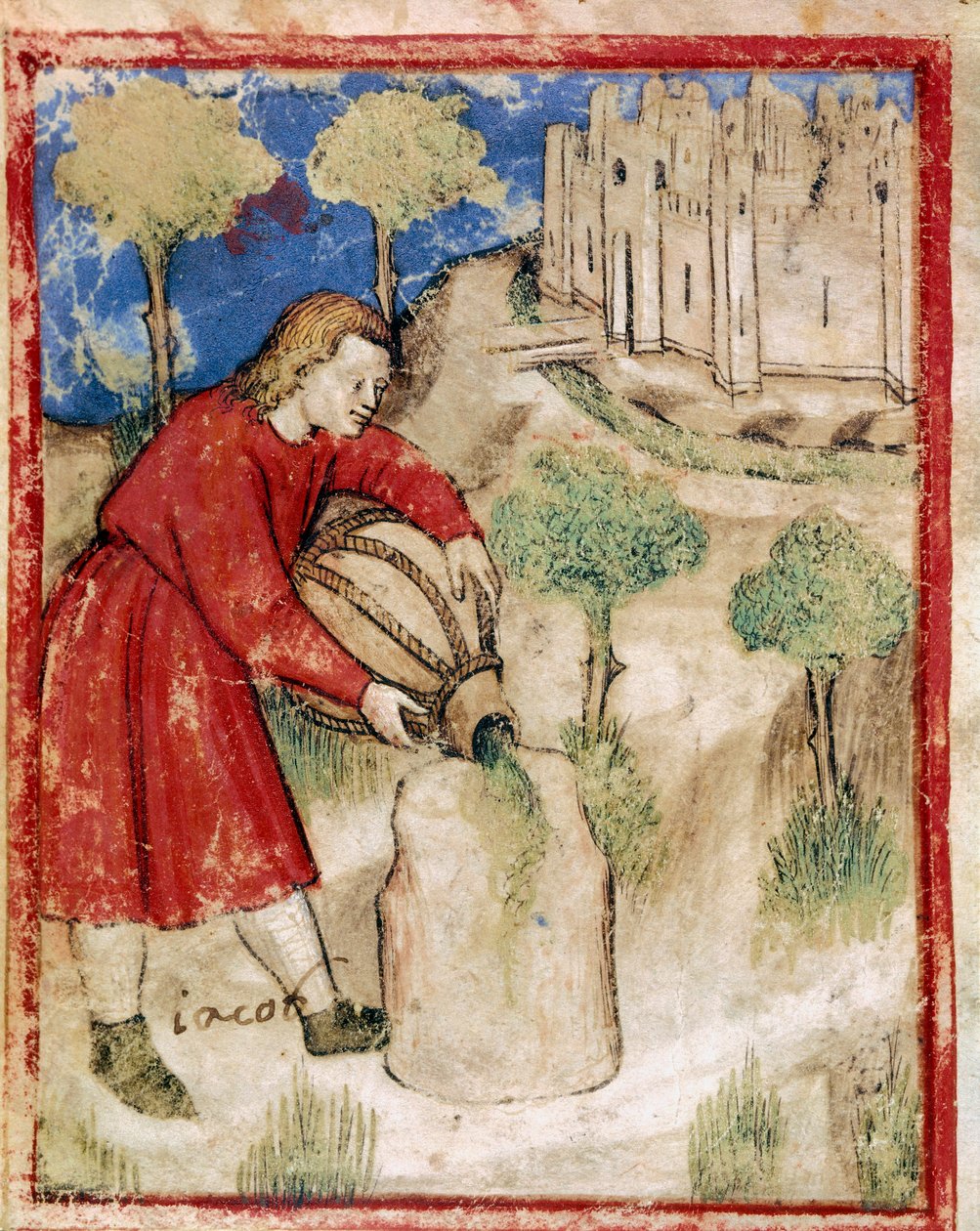 Jakob hældte olie på stenen, der havde tjent ham som en miniaturepude fra codex 212 (eller padovano codice eller Bible of Padua) 1390-1400 Rovigo, Accademia dei Concordi af Unknown artist