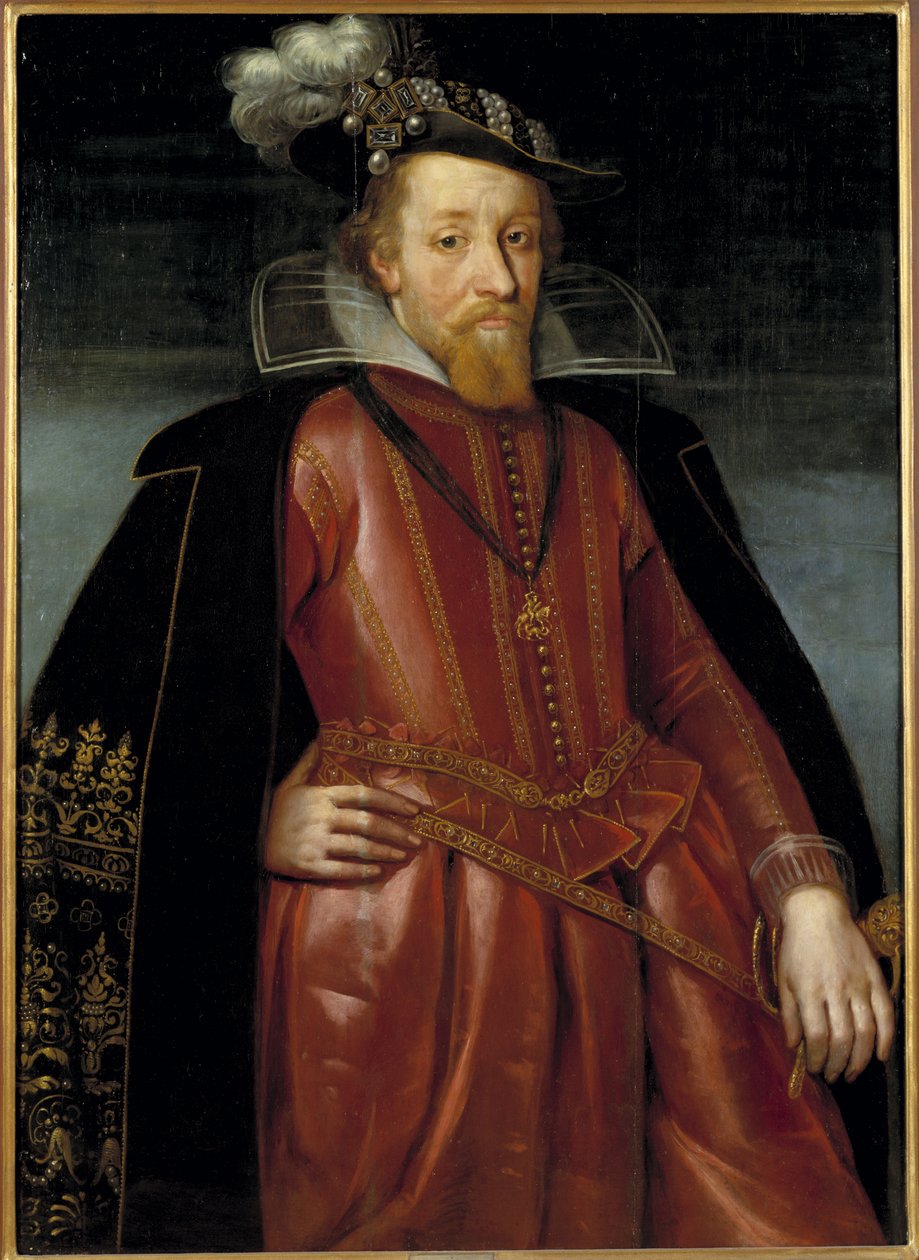 James Stuart, James VI, konge af Skotland og James I, konge af England og Irland - Portræt af kong James I af England (1566-1625), Anonym . Olie på træ. Mål: 115x86 cm. Nationalmuseum Stockholm af Unknown artist