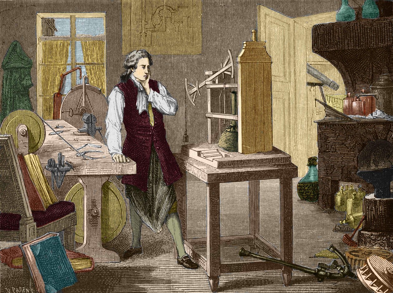 James Watt studerer perfektionen af Newcomen-maskinen (1767) (dampmaskine) - i "" Album of Science; berømte videnskabsmænd; Store opdagelser””” 1896. af Unknown artist