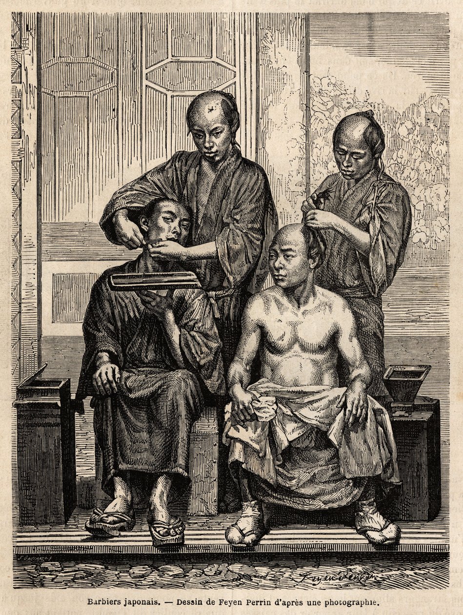 Japanske barberere i deres butik, den ene barberer skæg, den anden styler en mand med bar overkrop. Indgravering til illustration af rejsen til Japan i 1863-1864 af Aime Humbert, minister for Det Schweiziske Forbund, i "Le tour du monde, nouveau journal de af Unknown artist