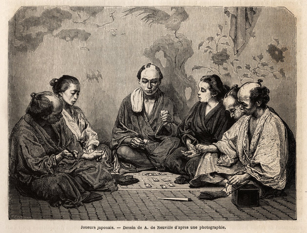 Japanske spillere i midten af kortene. Indgravering til illustration af Japan, rejsehistorie af Aime Humbert, minister for Det Schweiziske Forbund, i 1863-1864, offentliggjort i "Le tour du monde, nouveau journal des voyages", under ledelse af Edouard Char af Unknown artist