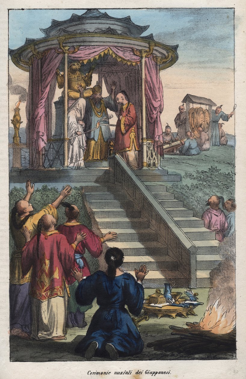 Japanske bryllupper - japanernes bryllupsceremoni - gravering fra "" skikke og traditioner for alle folk i universet. Det vil sige historien om regeringen, lovene, militsen, om alle nationers religion fra de fjerneste tider til i dag "1 af Unknown artist