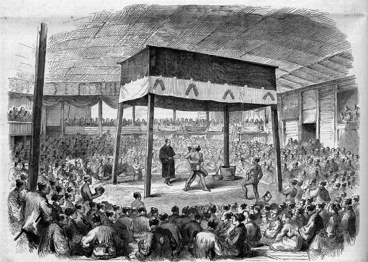 Japansk wrestler kæmper Sumo i Osaka, Japan. Fra en tegning af C. Wirgman. Indgravering i ""Det illustere univers"" af Unknown artist