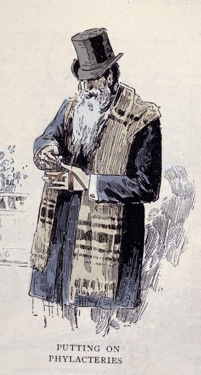Jødisk religion: en gammel jødisk mand iført bønnelime (Talit eller Tzitzit), gravering fra 1890 af Unknown artist