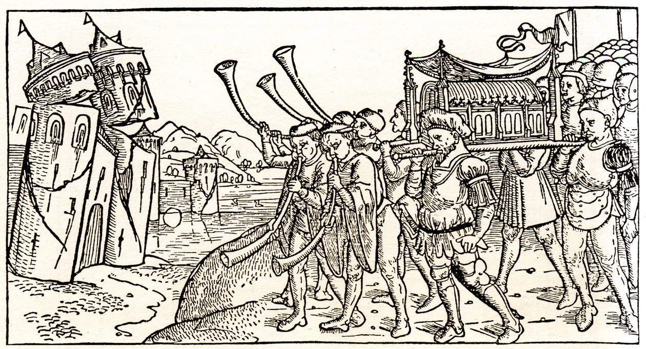 Jøder bærer Pagtens Ark foran Jerikos kollapsende mure af Unknown artist