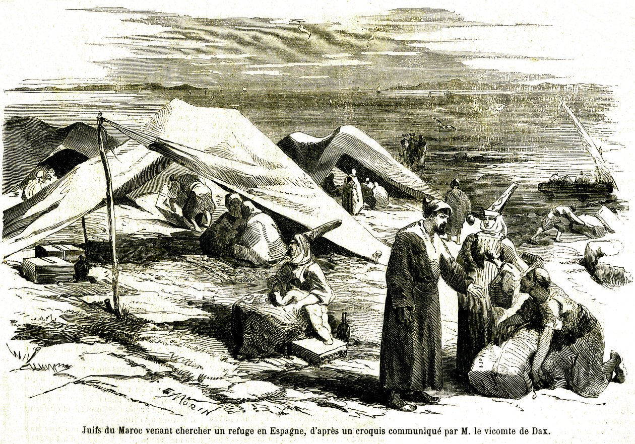 Jøder fra Marokko søger tilflugt i Algesiras i Spanien i midten af det 19. århundrede (kobberstik) af Unknown artist
