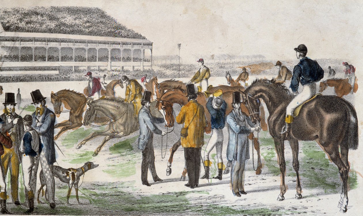 Jockeyer og deres heste før løbet - gravering, ca. 1850 af Unknown artist