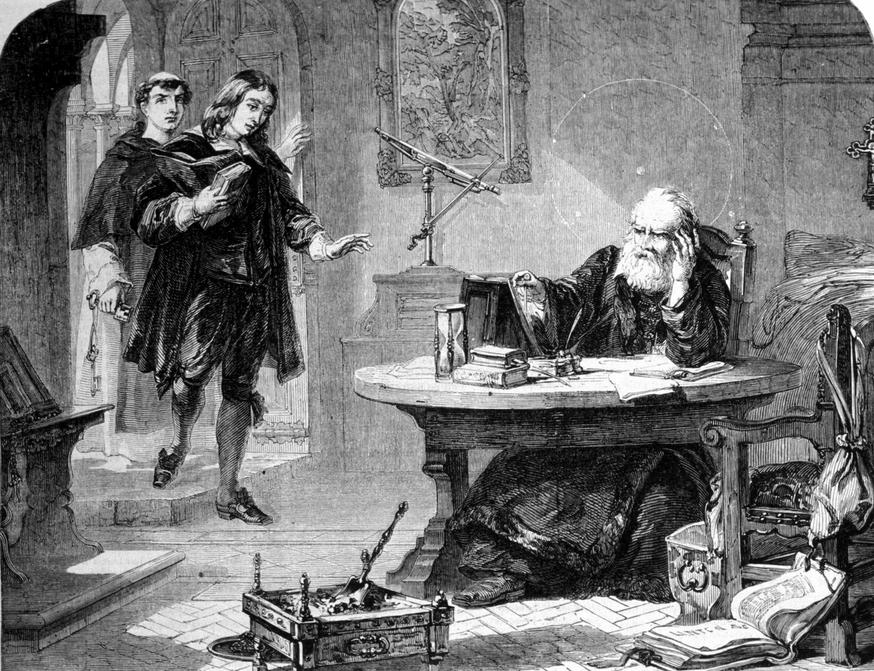 John Milton, engelsk digter og essayist (1608 - 1674) besøgte Galileo Galilei (Galileo) (1564 - 1642) i hans celle under Firenze-inkvisitionen. Gravering. 1860 ca. af Unknown artist