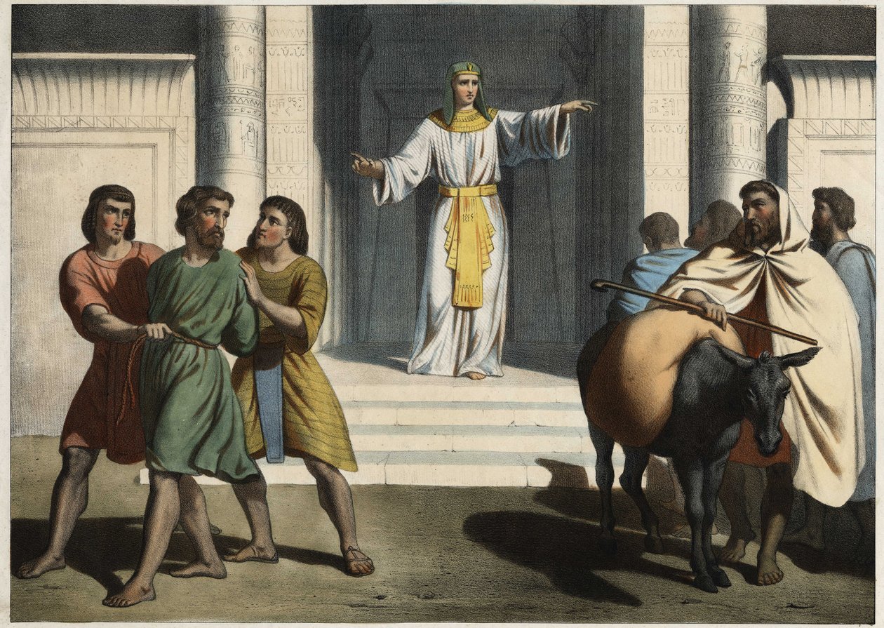 Joseph holder Simeon som gidsel: Patriarken Josef beder sine brødre om at introducere ham til den yngre Benjamin og holder Simeon som gidsel og venter på deres tilbagevenden. Anonym stik fra midten af 1800-tallet. af Unknown artist