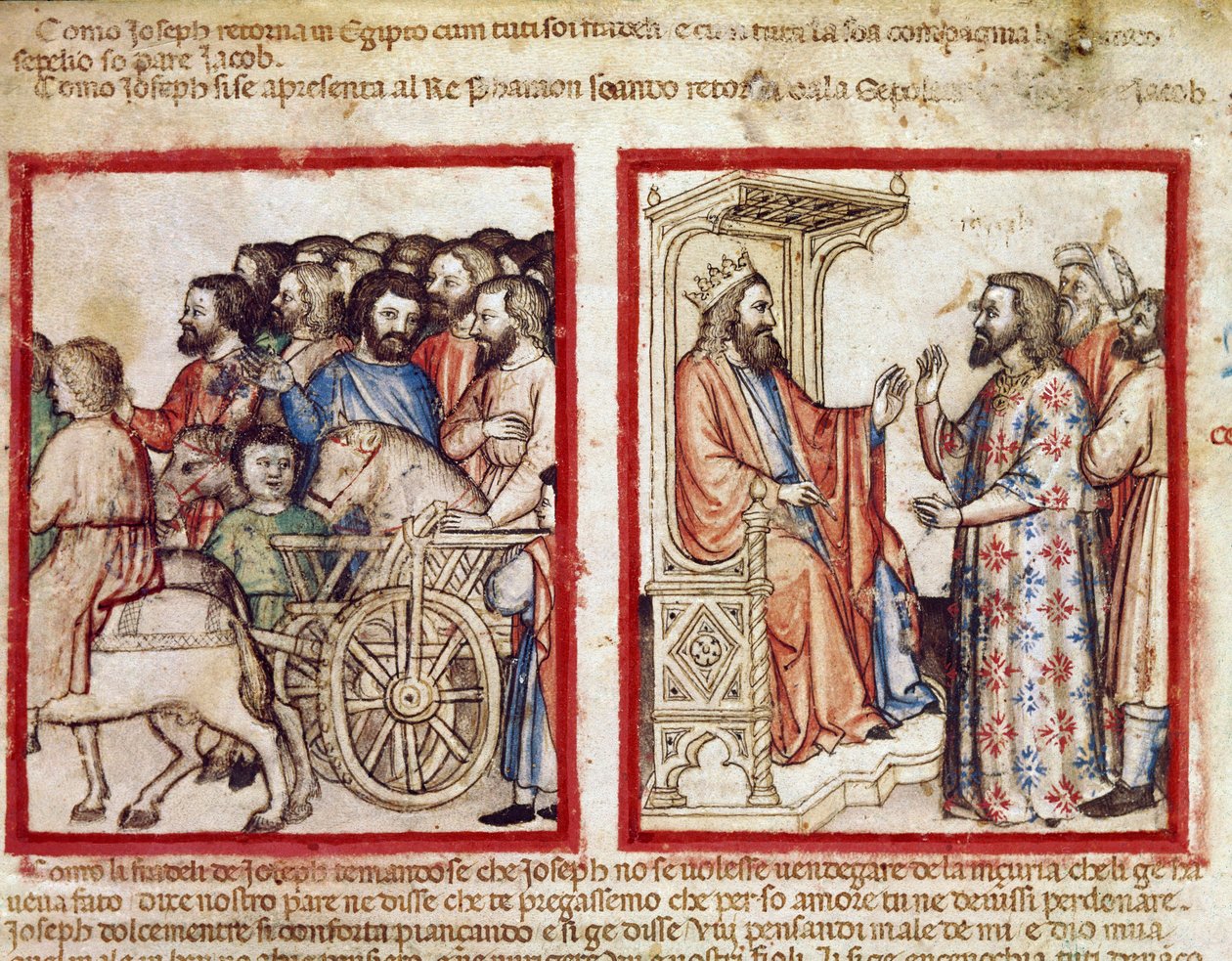 Joseph til venstre til sin fars begravelse, han går efter Faraos miniature fra codex 212 (eller padovano codice eller Bible of Padua) 1390-1400 Rovigo, Accademia dei Concordi af Unknown artist