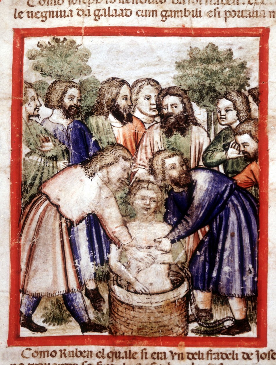 Josef solgte af sine brødre og kastet i brønden. Miniature fra codex 212 (eller padovano codice eller Bible of Padua) 1390-1400 Rovigo, Accademia dei Concordi af Unknown artist