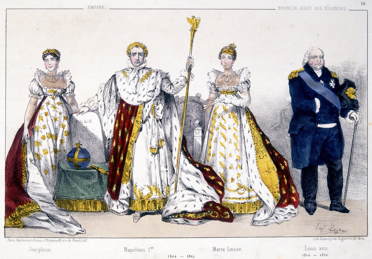 Josephine, Napoleon 1er, Marie Louise og Louis XVIII - i "La Monarchie francaise en estampes"" af Unknown artist