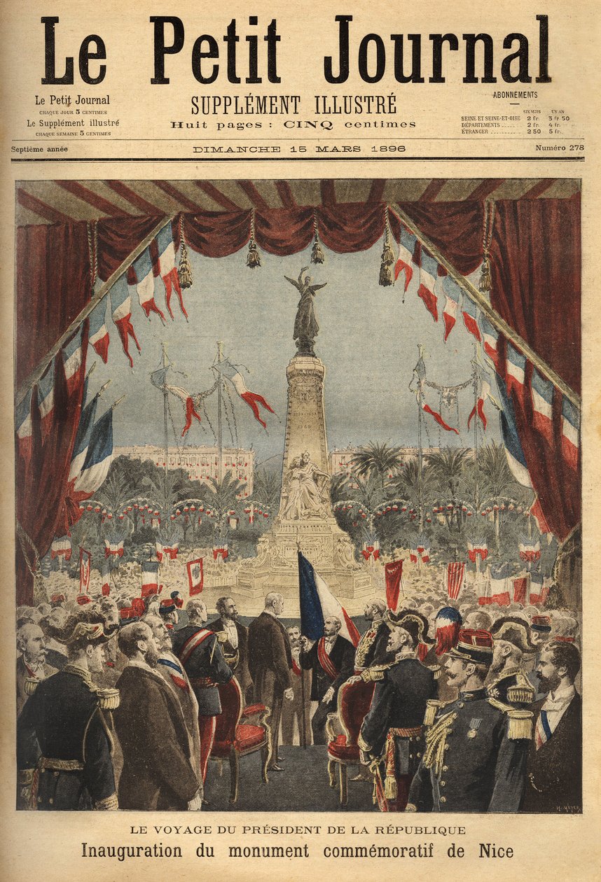 Rejse for republikkens præsident, Felix Faure (1841-1899), til indvielsen af monumentet til minde om greven af Nices tilknytning til Frankrig. Indgravering i "" Le petit journal""/1896. Selvas samling. af Unknown artist