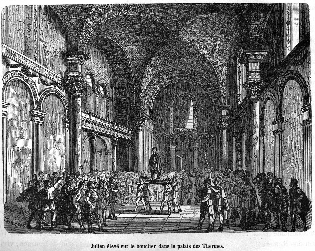 Julien (Flavius Claudius Julianus 331 - 363) rejst på Skjoldet i Thermal Palace - i Histoire de France af Henri Martin, sd. 19. århundrede af Unknown artist