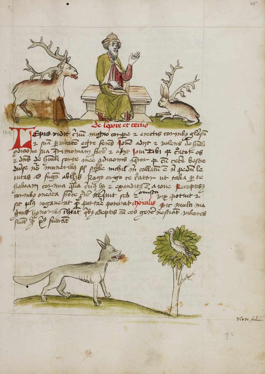 Jupiter som en ældre skægget mand troner mellem en hjort og en hare; en ulv under et træ af Unknown artist
