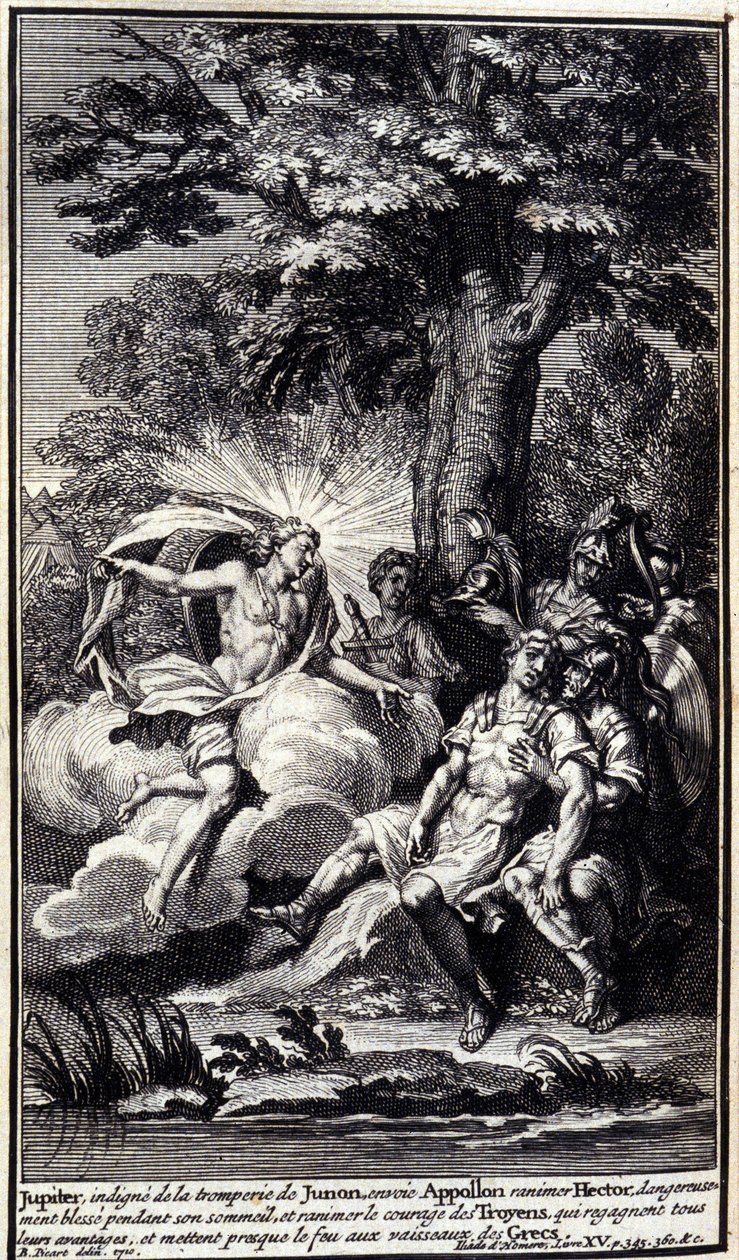 Jupiter, der er uværdig til Junos bedrag, sender Apollo for at genoplive Hectors farlige sår under hans søvn og genoplive trojanernes mod, som genvinder alle deres fordele og næsten sætter ild til de græske skibe. Illustration af bog XV af Iliaden af af Unknown artist