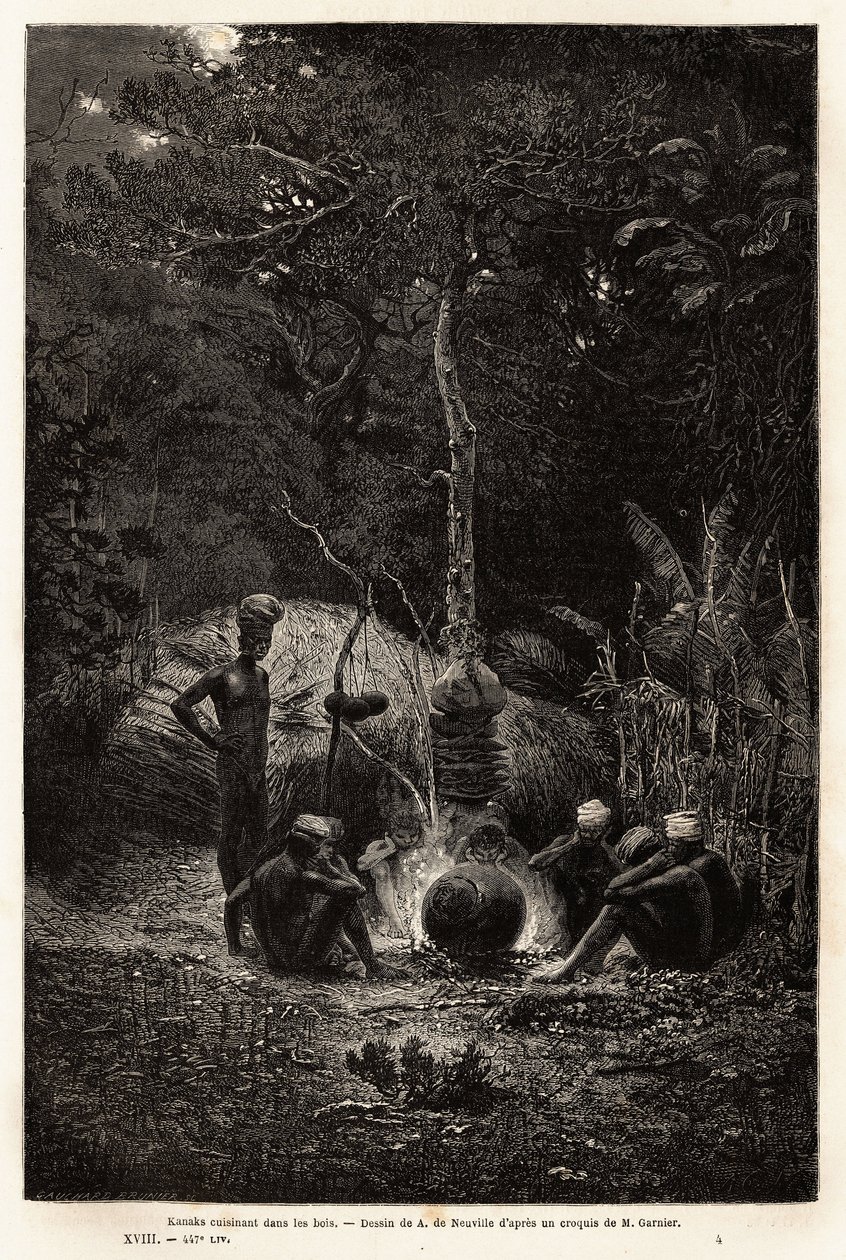 Kanaks laver mad i skoven, på Pamales territorium. Indgravering til illustration af turen til Ny Kaledonien af ​​Jules Garnier, civilingeniør i miner, i 1863-1866, udgivet i "Le tour du monde, nouveau journal des voyages", redigeret af Edouard C af Unknown artist