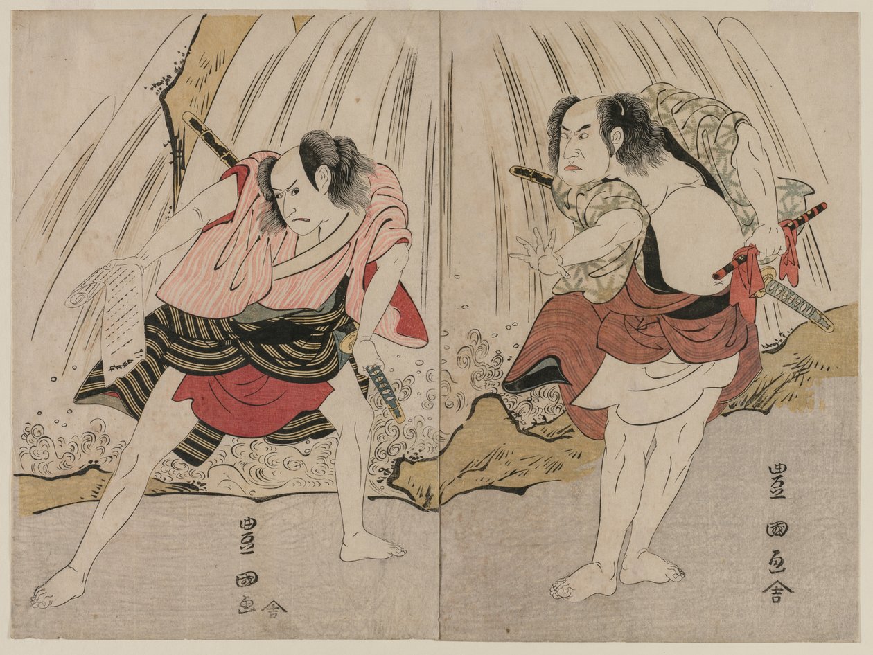 Kataoka Nizaemon VII og Ichikawa Yaozo III i en konfrontation ved siden af ​​et vandfald af Unknown artist