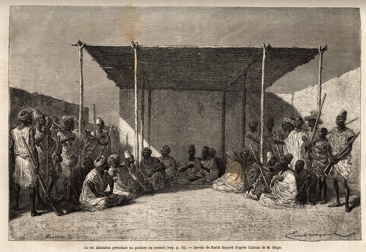 Kong Ahmadou, der præsiderer over et råd eller palabre i Toucouleur-imperiet i Segou Sikoro (Mali), vismændene sidder og krigerne sat, kongen holder en muslimsk rosenkrans i sine hænder. Indgravering for at illustrere rejsen til Vestsudan af løjtnant (Flåd af Unknown artist