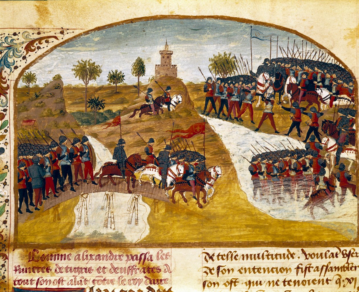 Kong Alexander den Store (356-323 f.Kr.) og hans hær passerer Tigeren og Miniature Eufrat fra "" Book of Facts of Alexander the Great"" af Quintus Curtius Rufus (Quinte Curce) (1. århundrede), omkring 1468. (Ms. 1335) Reims. Kommunebibliotek af Unknown artist