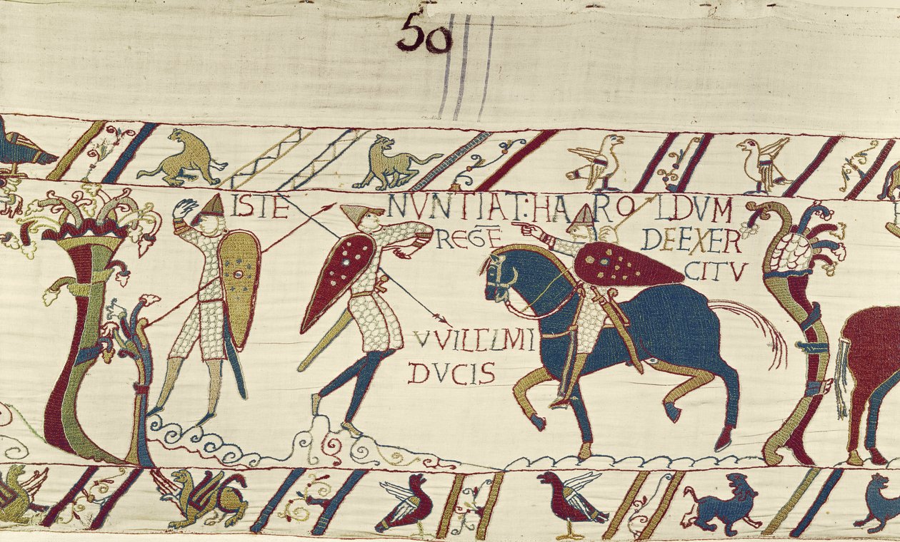 Kong Harolds budbringer giver ham nyheder om hertug Williams hær, Bayeux Tapestry (uldbroderi på linned) af Unknown artist