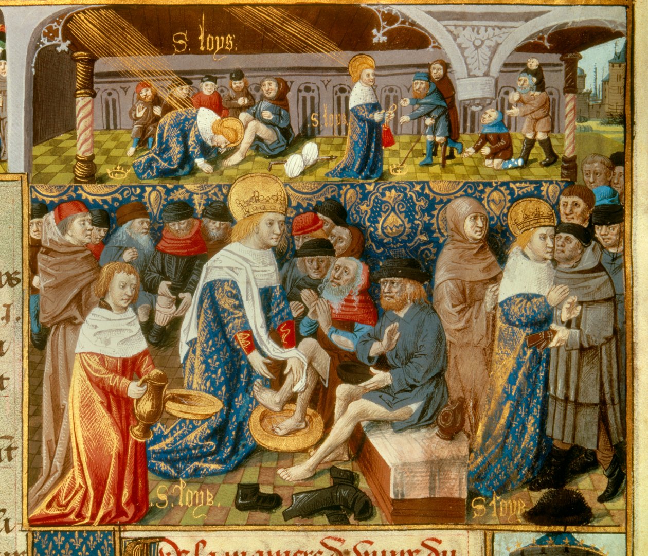 Kong Louis IX (1214-1270) (Saint Louis), der vasker fødderne af de fattige og scener i kristen velgørenhed fra King Miniature hentet fra et manuskript “The Book of Facts of Monsignor Saint Louis” ”” 15. århundrede. Paris, B.N. af Unknown artist