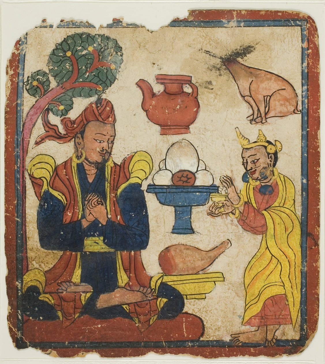 Kong Mangkur næret af dronning Devika, fra et sæt indvielseskort (Tsakali) af Unknown artist