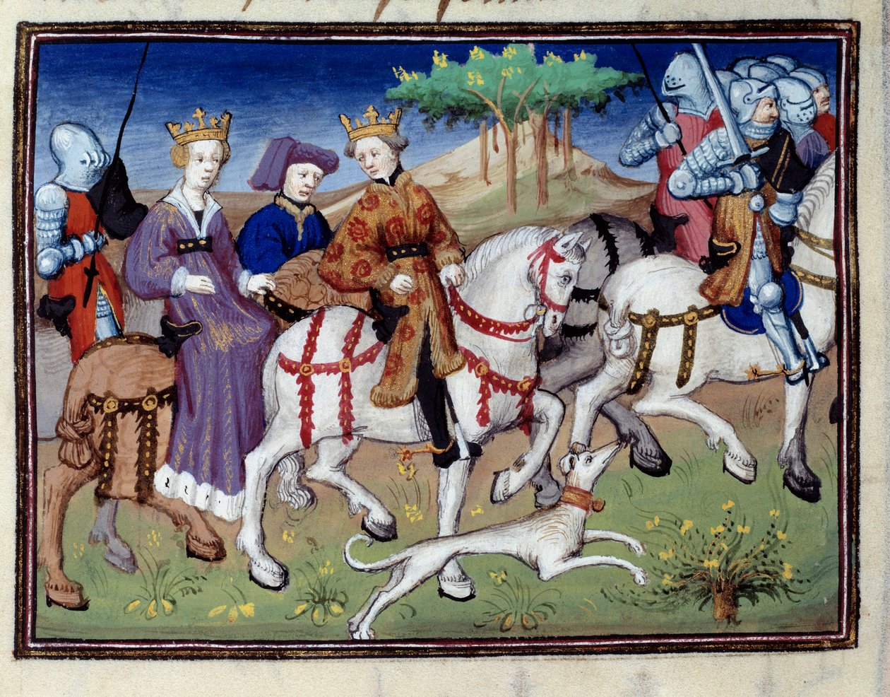 Kong Philip VI af Valois og den hvide dronning af Navarra (?) Starter på jagt Miniature taget fra "" Jagtens bog""" af Gaston III Phoebus, greve af Foix, Lord of Bearn (1331-1391) af Unknown artist