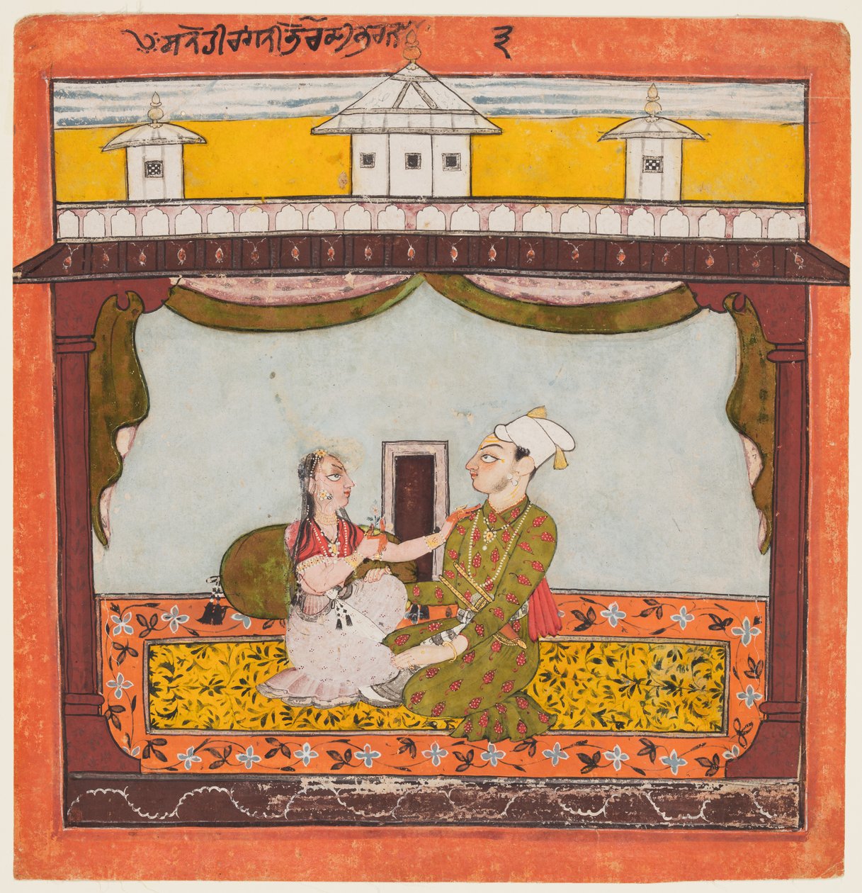 Konge og dronning i Zenana: Sandehi Ragini, kone til Bhairava, fra "Anden Basohli Ragamala" af Unknown artist