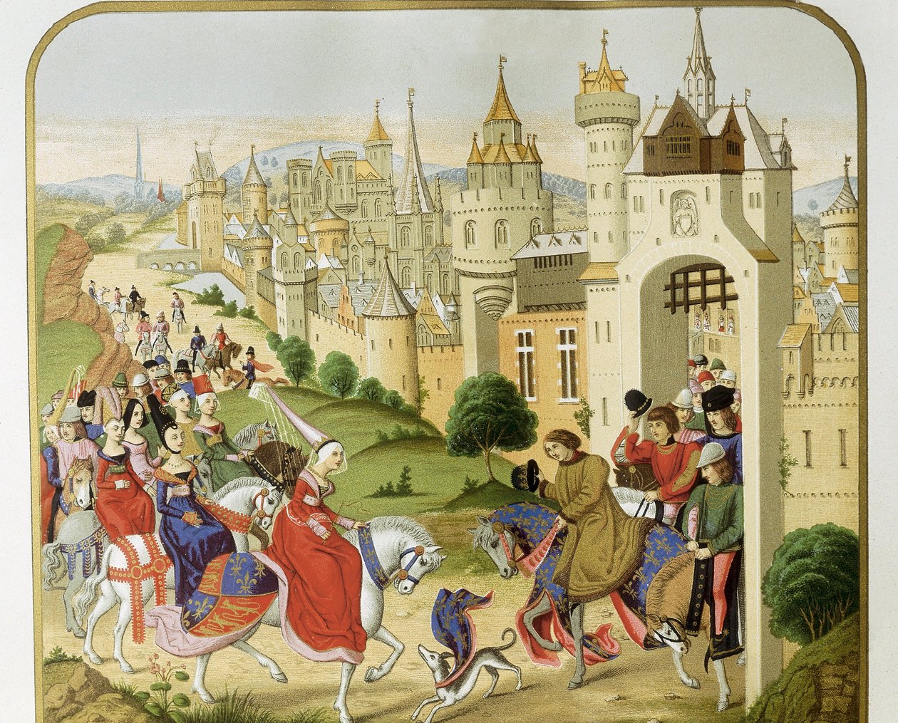 "" Kongen af Frankrig Charles IV modtog besøg af sin søster Dronningen af England Isabella af Frankrig (1292-1358), kone til Edward II, som kom for at søge tilflugt "" Ifølge Jean Froissarts krøniker. Barcelona fra det 19. århundrede. Sant Jordi Catalan Ro af Unknown artist
