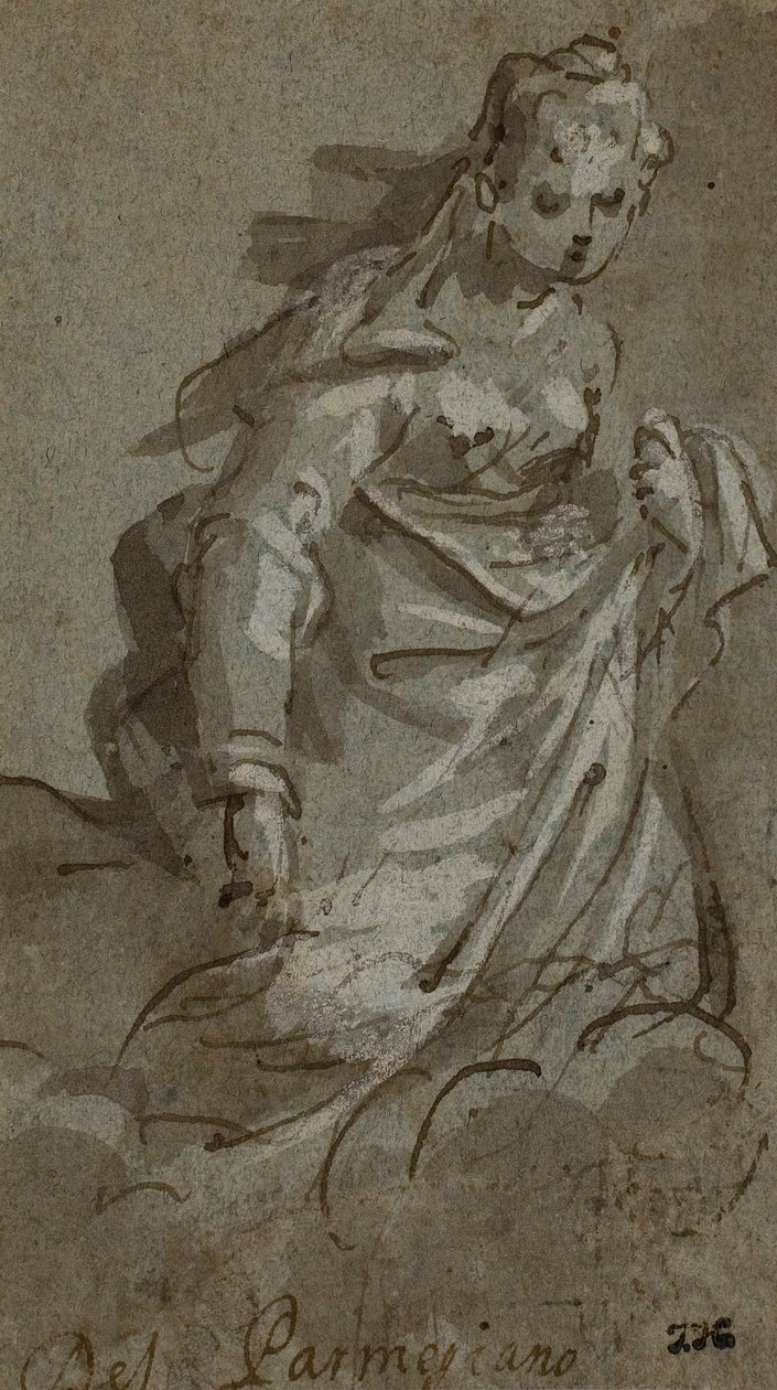 Knælende skybåren kvindefigur (recto); figurskitser (verso) af Unknown artist