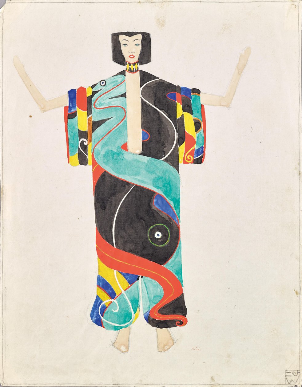 Kostumestudie i buksekimono til opførelsen af Julius Bittners "Der Mantel der Liebe" i haveteatret på den internationale kunstudstilling i Wien 1909. af Unknown artist