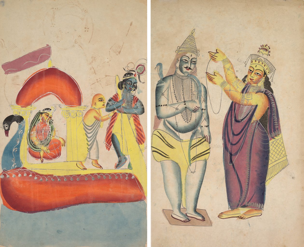 Krishna færger Radha over Yamuna-floden (recto); Parivati placerer en bryllupskrans på Shiva (verso) af Unknown artist