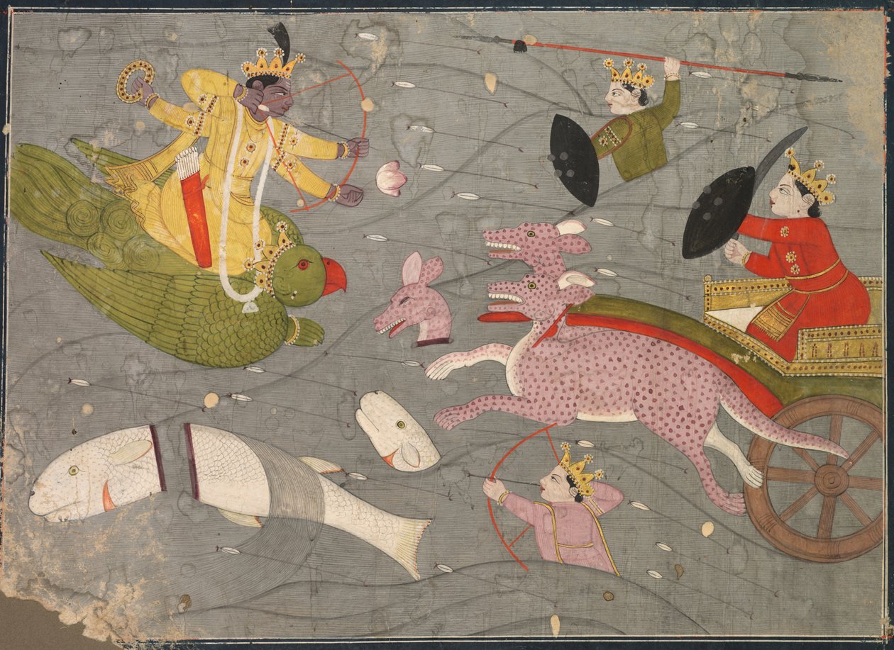 Krishna kæmper mod Vanasuras sønner: Skina fra Aniruddha Usha-sektionen A Krishna Leela af Unknown artist