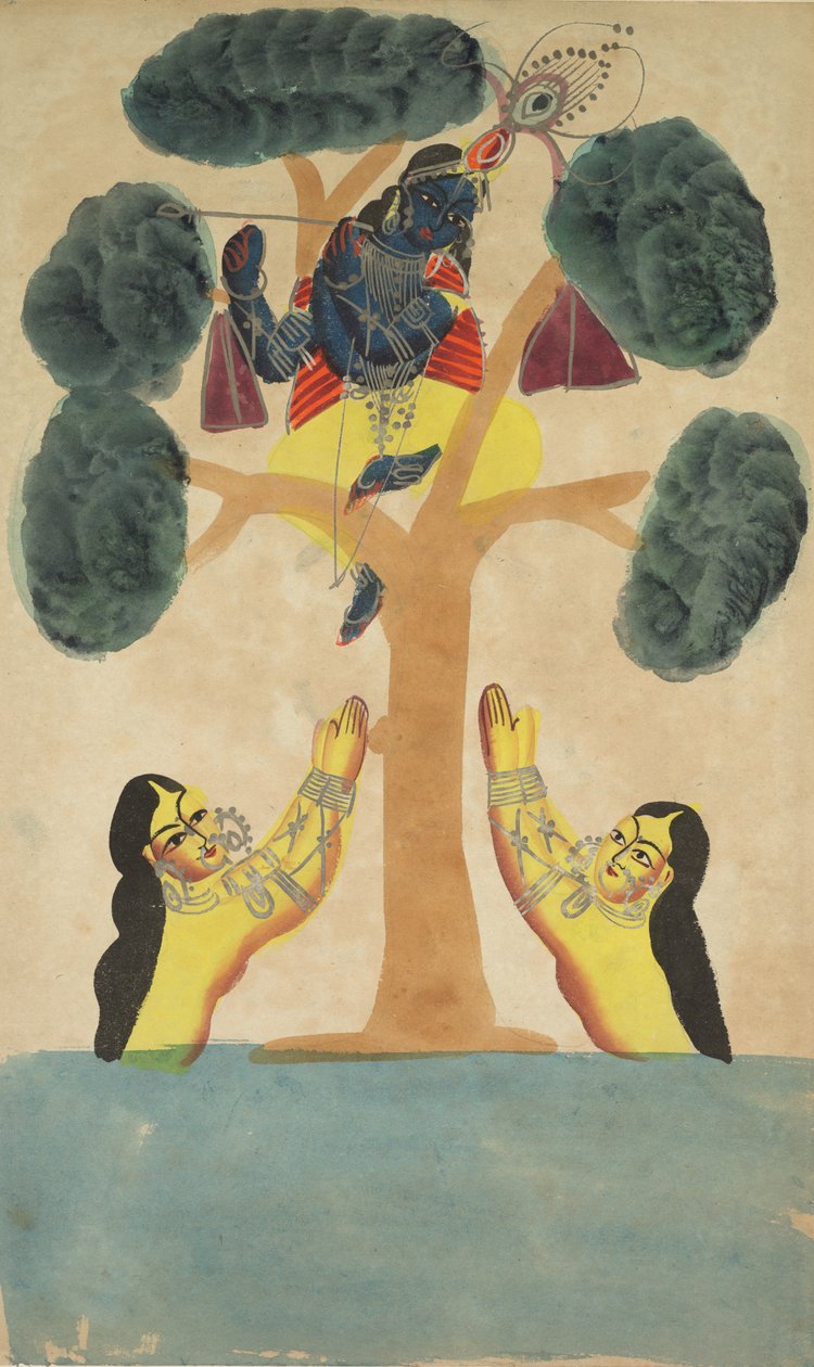 Krishna stjæler cowgirlernes tøj (Gopis) (recto) af Unknown artist