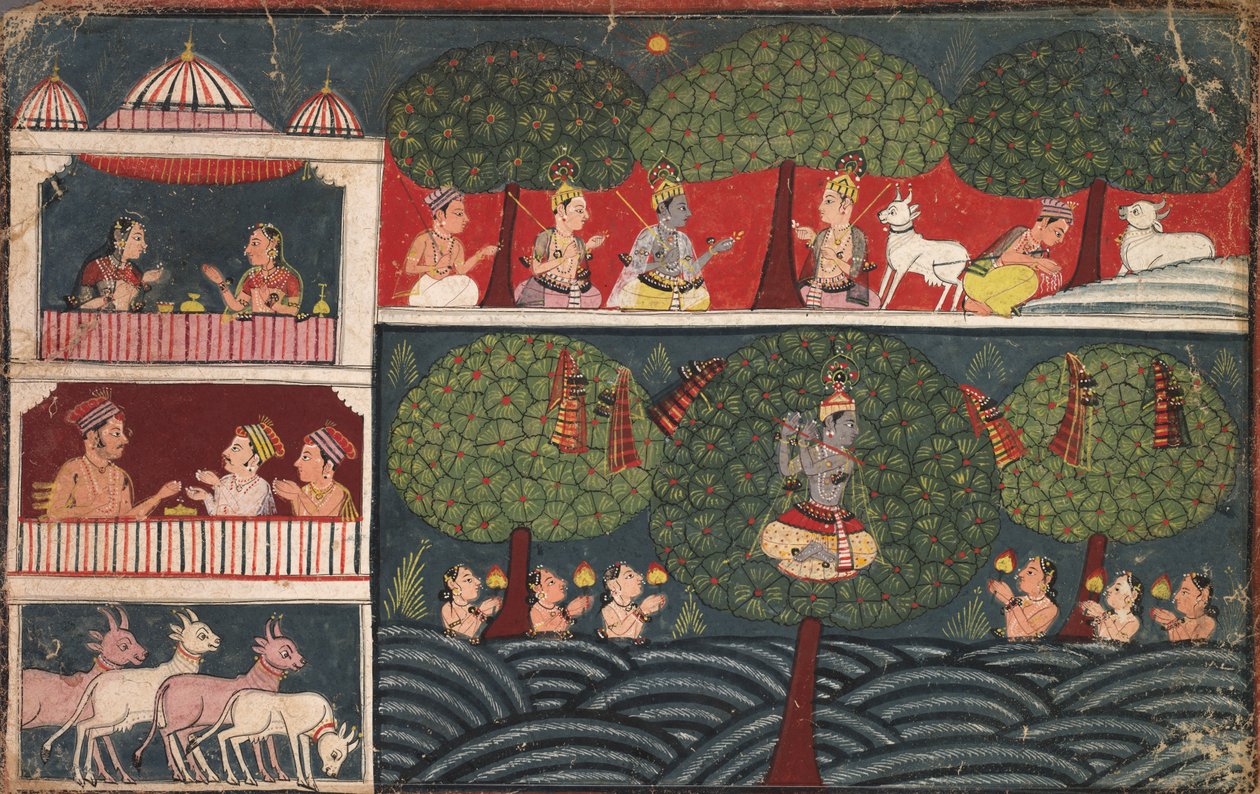 Krishna stjæler mælkepigernes tøj og udtaler sig om træernes dyd fra en Braj Bhagavata Purana af Unknown artist