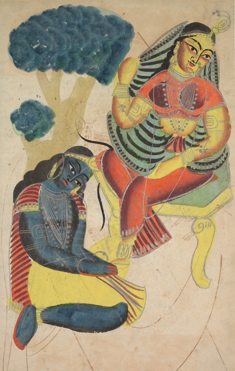 Krishna stryger Radhas fødder (verso) af Unknown artist