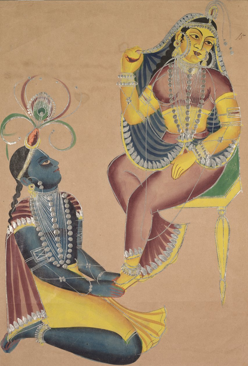 Krishna stryger Radhas fødder af Unknown artist