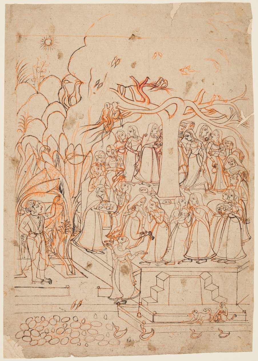 Krishna ser mælkepigerne rundt om et helligt træ: Jyestha-måneden (maj-juni), fra en Baramasa (De tolv måneder) af Unknown artist