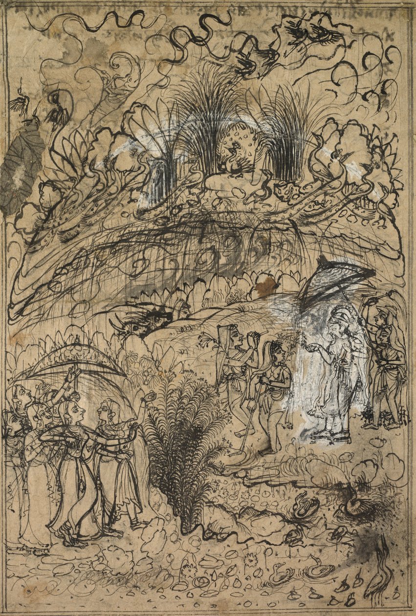 Krishna og Radha under måtten. govardhan af Unknown artist