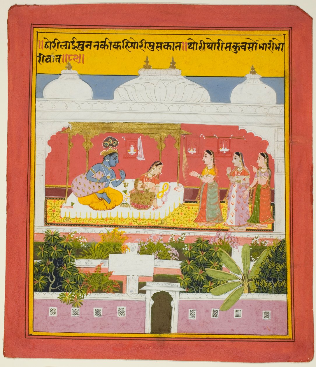 Krishna og Radha i en pavillon, fra en kopi af de syv hundrede vers (Sat Sai) af Bihari af Unknown artist